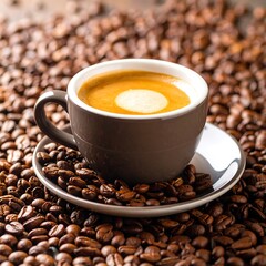 Espresso in a cup surrounded by coffee beans