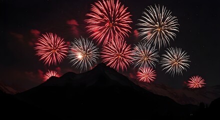 Fototapeta premium Fireworks display over majestic mountains, celebrating a special occasion, a breathtaking view of the night sky with brilliant bursts of color