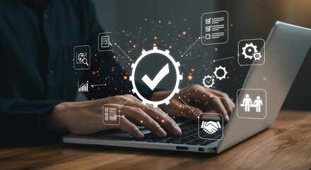 A person is typing on a laptop with a checkmark and business icons floating above the keyboard