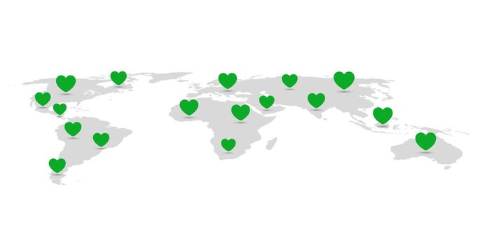 World map design where various green heart icons emerge from the web around the world.