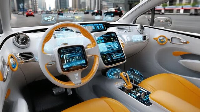Futuristic Car Interior: An interior of a modern futuristic car showcases a cutting-edge design with advanced technology, offering a glimpse into the future of automotive innovation.