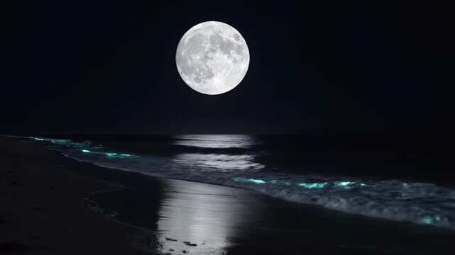 A serene night scene featuring a large, luminous full moon reflecting on calm ocean waters, with gentle waves lapping at a sandy beach under a starlit sky