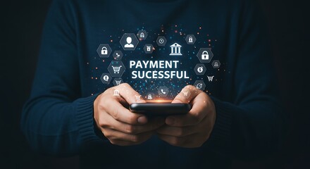 A person holds a phone displaying payment successful with related icons, representing mobile transactions