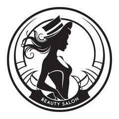 Retro Art Deco Beauty Salon Logo with Elegant Woman in Hat Silhouette and Circular Frame. 