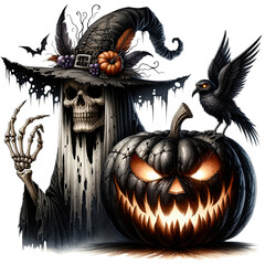 Creepy skeleton ghost holding a pumpkin pie, perfect for a macabre Halloween dessert theme.