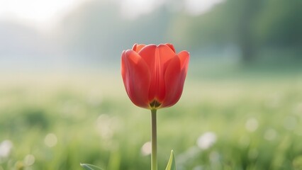 Obraz premium A single vibrant red tulip stands tall in a serene, sunlit meadow.