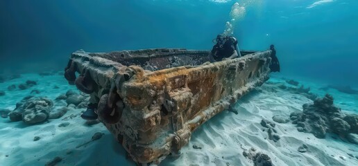 An underwater scene featuring a rusted shipwreck surrounded by marine life.