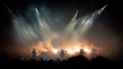 A live concert stage bathed in dramatic spotlights and smoke, with a blurred silhouette of a rock band performing