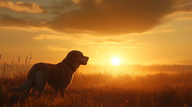 Happy dog walking in warm evening sunlight on a peaceful outdoor trail, enjoying golden hour with relaxed expression and natural surroundings




