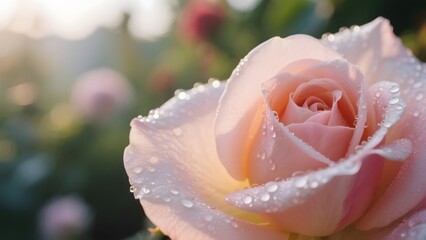 Delicate Pink Rose with Dew Drops in Soft Morning Light
