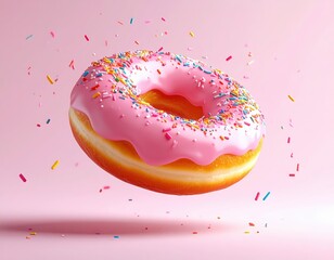 Delicious Pink Frosted Donut with Colorful Sprinkles Floating on Pink Background