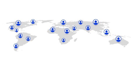 World map design where various blue icons of web users around the world emerge.