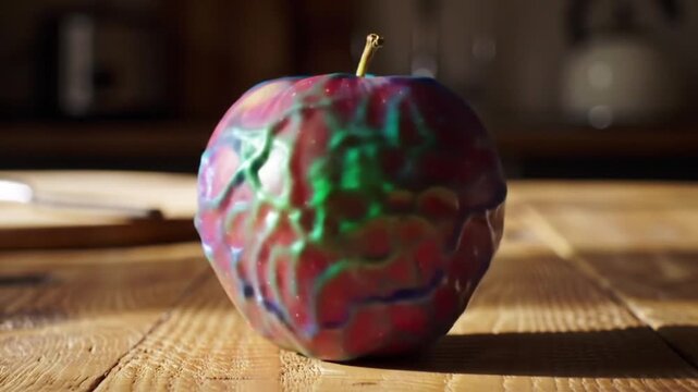 Gala apple with stem and small deformity on wood surface in warm light