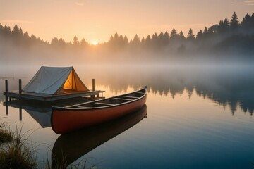 Serene Lakeside Scene With Canoe, Tent, and Morning Mist