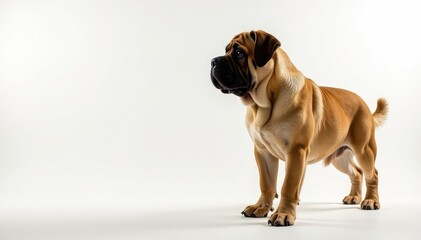 Obraz premium Majestic mastiff, powerful stance, white background, pet, mastiff, eyes