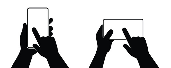 Mobile Interaction Icon Set – Hands Holding Smartphone and Tablet with Touch Gesture Silhouettes 
