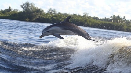 Fototapeta premium Bottlenose dolphin leaping gracefully above ocean surface against clear blue sky in natural marine habitat