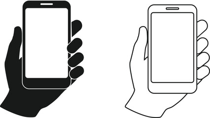 Hand Holding Smartphone Icon – Dual Style Silhouettes in Black and Outline for Mobile, UI, and Touchscreen Interaction Themes