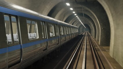 A modern, streamlined train glides smoothly through a long, dimly lit tunnel. The tracks stretch ahead into the distance, conveying a sense of motion and anticipation.