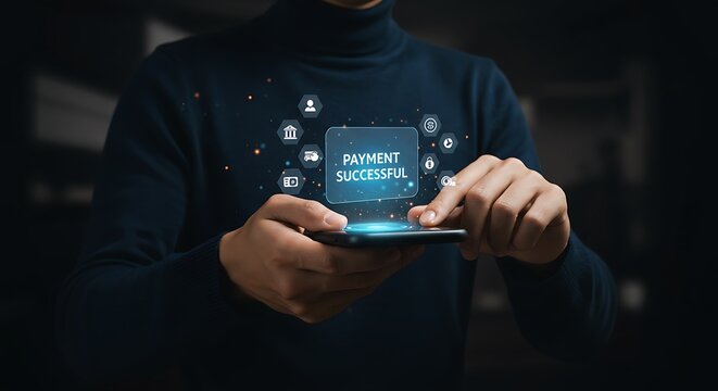 A man is holding a smartphone displaying a successful payment notification with various financial icons surrounding the screen