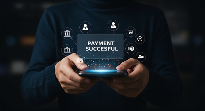 A person is holding a smartphone that displays a successful payment notification surrounded by various financial icons - Powered by Adobe