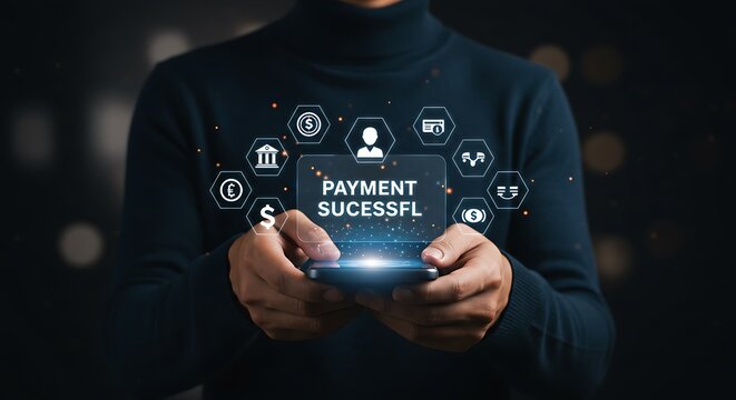 A man is holding a smartphone displaying a successful payment notification with various financial icons surrounding the screen