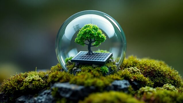 A miniature tree and solar panel inside a glass globe on mossy ground with a blurred green background