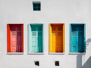 Obraz premium Colorful Doors and Windows on White Building, for Architectural Design Reference, Travel Promotion, Decorative Painting Material Scenarios