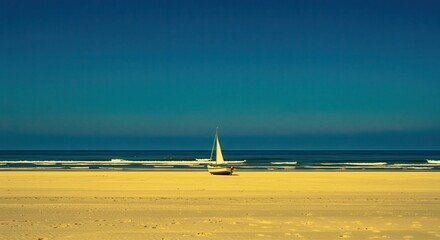 Sailboat on a sandy beach with blue sea and sky