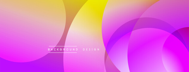 Abstract background features overlapping circles. Colors blend from pink, yellow, purple creating vibrant visual effect. Modern design element.
