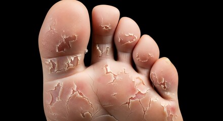 Fototapeta premium Close-up of a human foot showing peeling skin, likely due to dryness or a skin condition, against a dark background.
