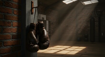 Vintage Boxing Gloves Hanging on Hook in Gym with Sunlight