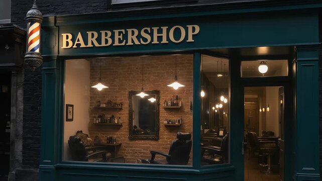 Inviting barbershop exterior with vintage charm and classic barber pole at dusk