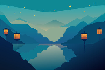 Serene mountain lake at dusk with glowing lanterns