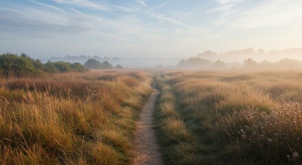 Foggy landscape with pathway through field at sunrise