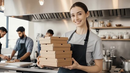 Smiling waitress holding stack of pizza boxes in restaurant with staff visible