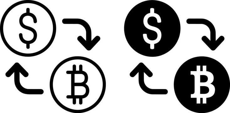Cryptocurrency Exchange: Bitcoin and US Dollar Transaction Icons, Bold Black and White, Financial Technology Vector Graphics.