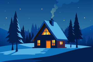 Fototapeta premium Cozy winter cabin in a snowy forest at night