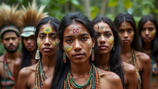 Group portrait of indigenous people from the jungle with ritual paintings on their face and headdresses looking at the camera.