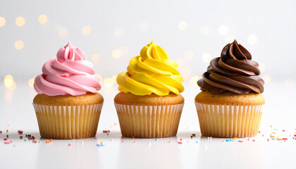 Three decorated cupcakes in different frosting colors (pink, yellow, chocolate), placed on white table with sprinkles around, cheerful and bright style