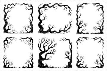 Halloween tree frame vector set, haunted border collection, spooky branch design, unique creative illustration for crafts