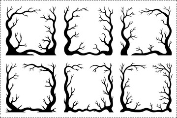 Spooky tree frame vector set, Halloween haunted border collection, twisted branch design, unique creative illustration