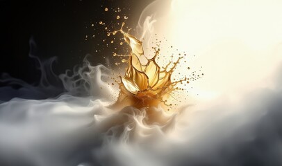 Golden background. Abstract fluid art painting. Gold colors creating golden waves and golden swirls. Wallpaper, cover. Smoke, acrylic gold paint. Art painting. Golden splash.