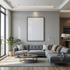 Fototapeta premium 3D isometric frame mockup, ISO A paper size, living room wall poster mockup with modern interior design and cozy house background.