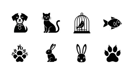 Obraz premium Simple black pet icons: dog, cat, bird, fish, rabbit, paws.