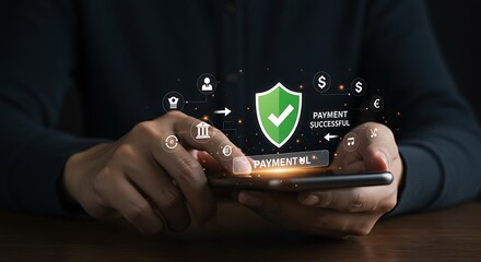 A person is using a mobile phone for secure online payment with a shield and checkmark symbolizing successful transaction