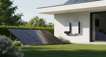 Outdoor solar panels and battery storage system on a modern home.