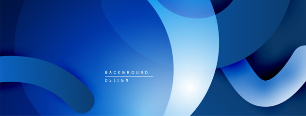 Abstract blue background. Overlapping shapes create dynamic, modern visual effect. Smooth gradients suggest depth, fluidity.