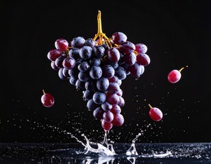 Fresh Red Grapes with Water Splash on Black Background