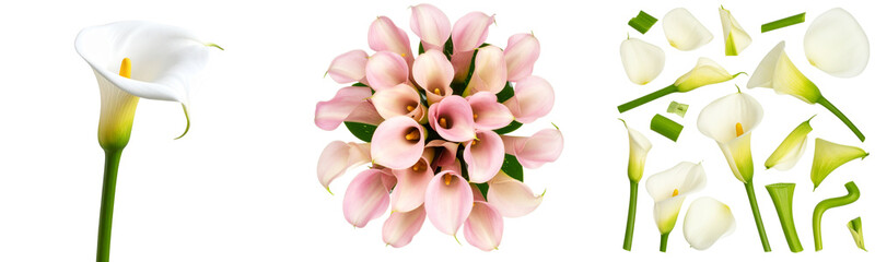 Fototapeta premium Set Flat lay of scattered calla lily petals and curved stems, abstract floral layout, transparent background PNG